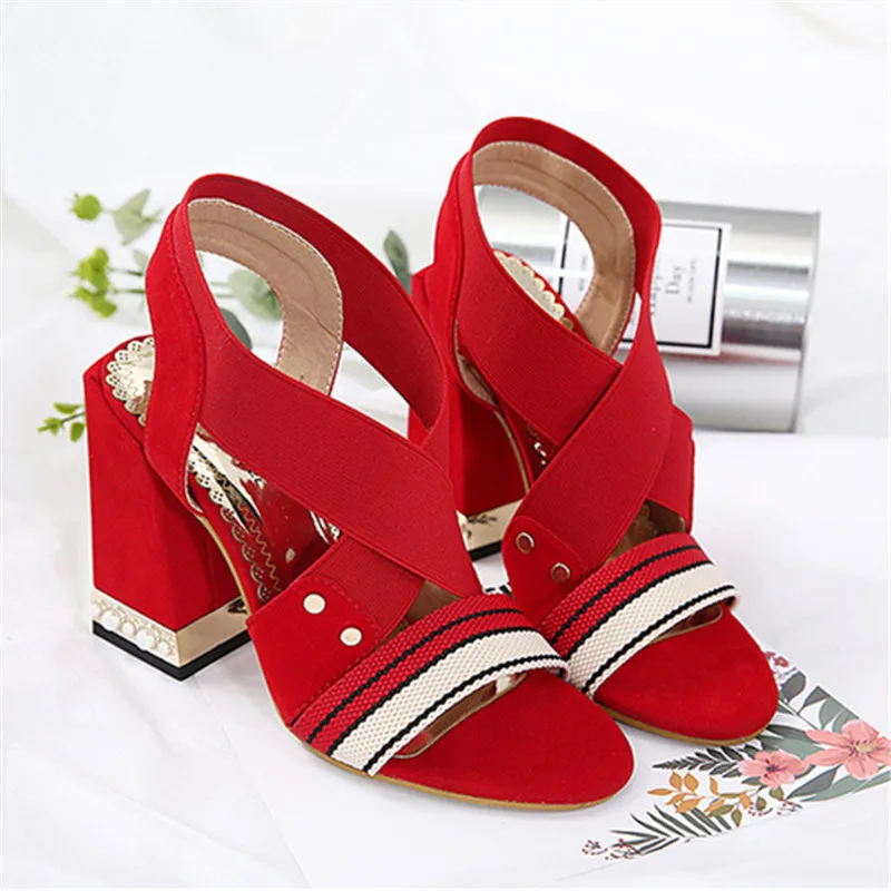 RUIDENG women sandals super high heel red black elastic band fashion party wedding shoes crystal 11cm lady square shoe | Обувь