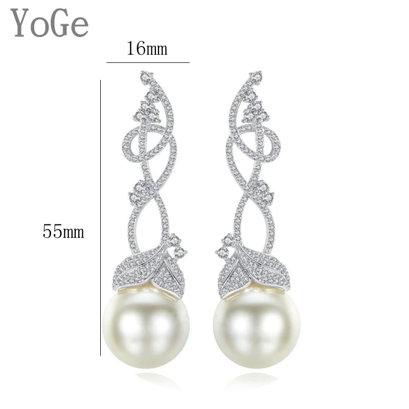 YoGe E5429 AAA CZ и имитация жемчуга лоза листья Длинные серьги гвоздики