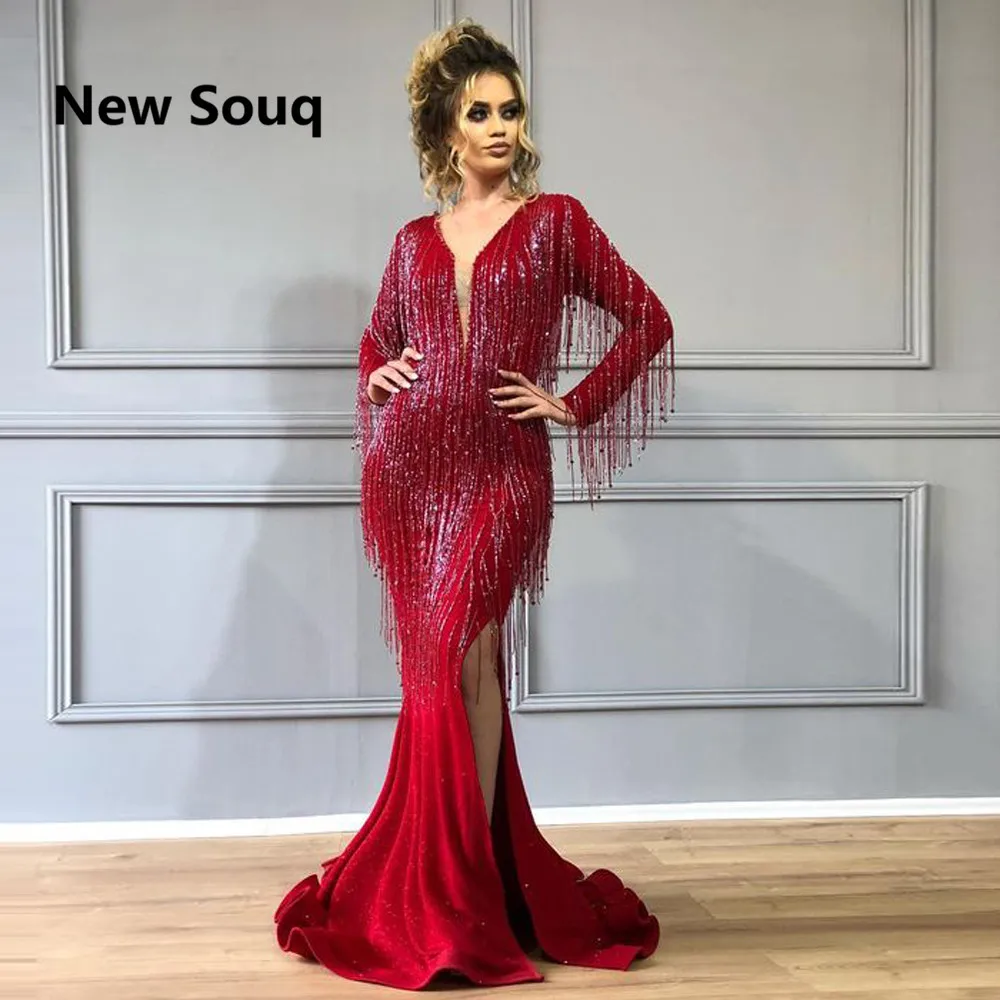 Модные красные атласные вечерние платья-русалки с разрезом по бокам бахромой и