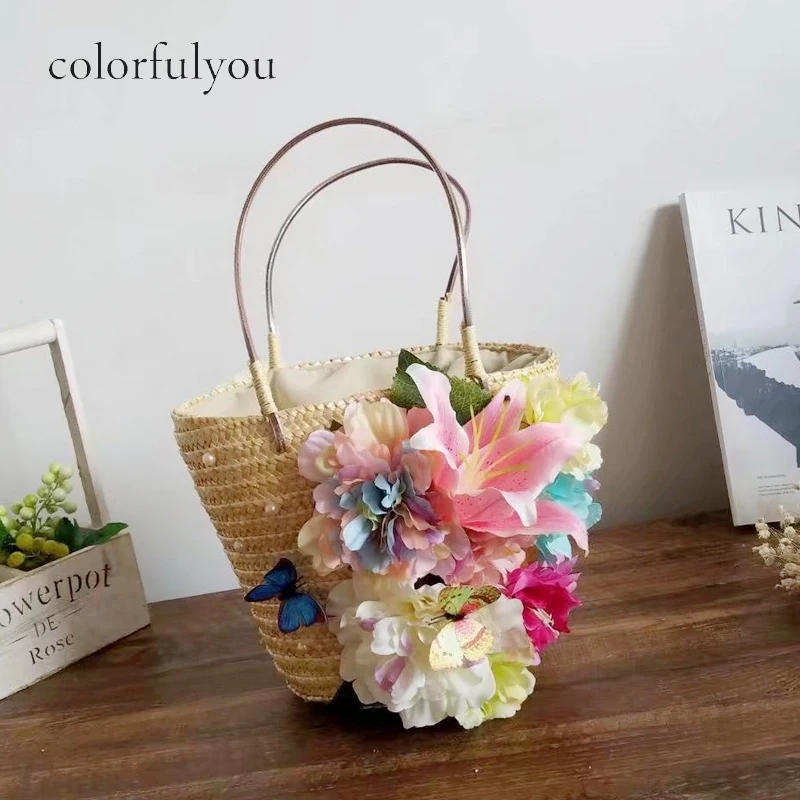 

Цветок в Корейском стиле новая соломенная сумка нетканевых тексильных материалов бабочки сумки из натуральной кожи в силе IKEA с веревкой 2021 новые летние соломенные сумки