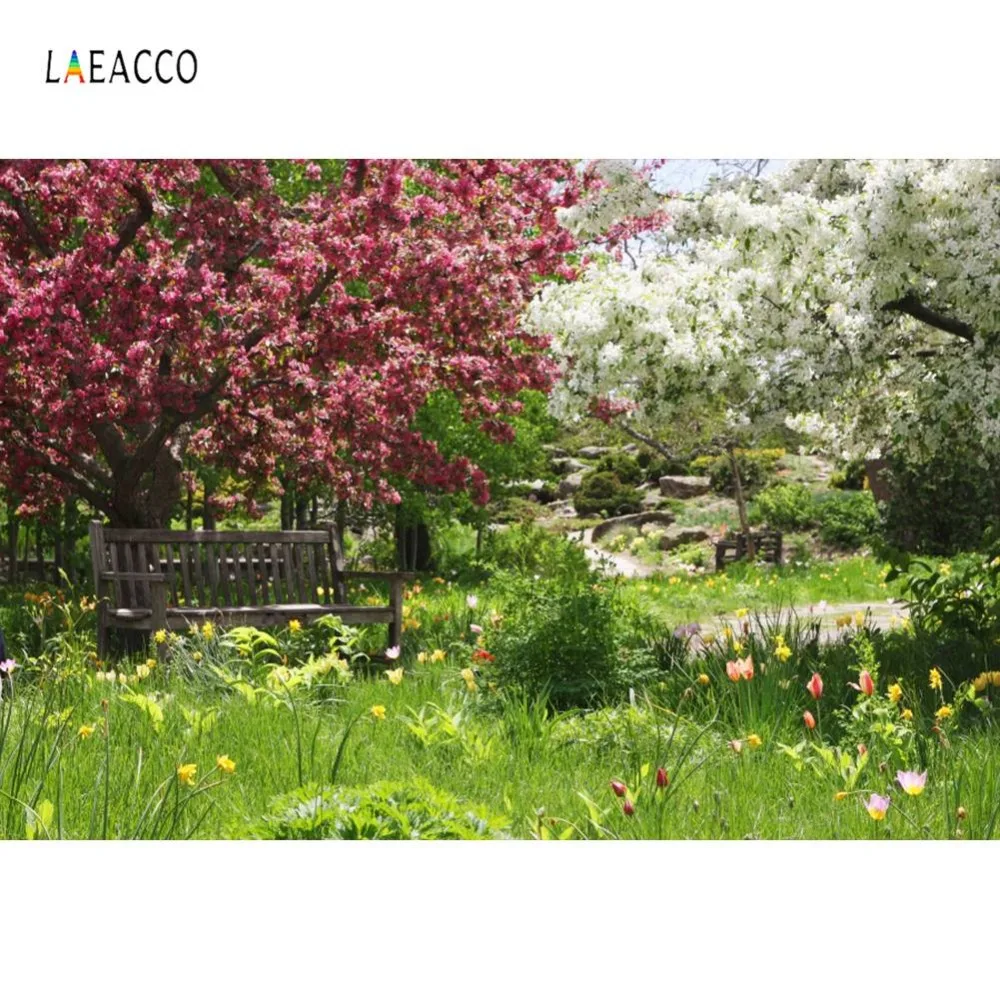 Laeacco фотофоны Цветущее Вишневое Дерево зеленая трава парк сад скамейка