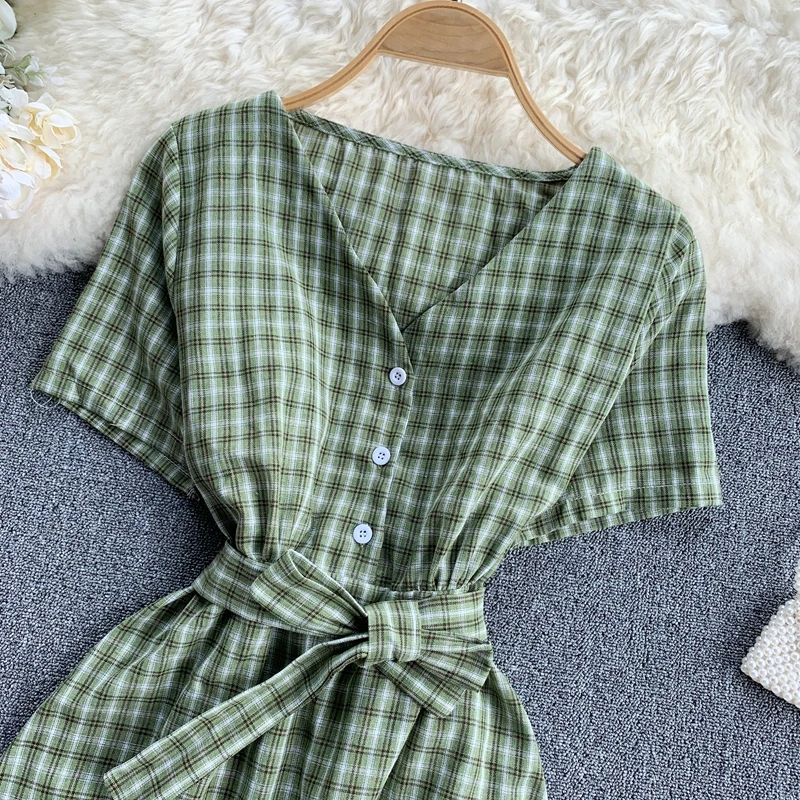 Vintage Button Slim V Neck Plaid Print Short Dress Summer Party Tie Robes Vestidos Women Casual A-Line Vestido De Festa