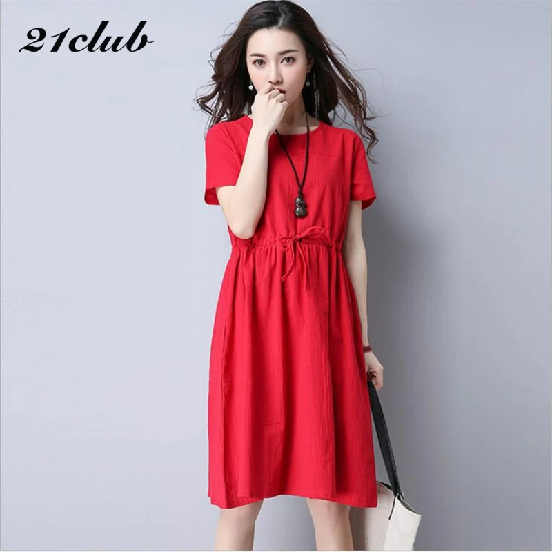 2017 повседневные однотонные льняной сарафан Laides Одежда с круглым вырезом женские
