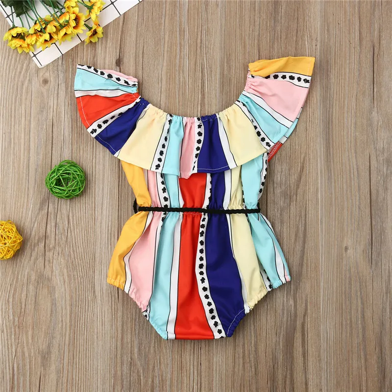 

Fashion Newborn Baby Girls Striped Bodysuit 2019 New Off Shoulder Ruffle Elastic Waist Sunsuit with Belt Baby Girl Clothes 0-24M