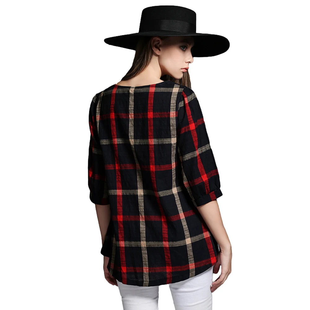4XL 5XL размера плюс модная женская блузка с круглым вырезом 3/4 клетчатая рубашка