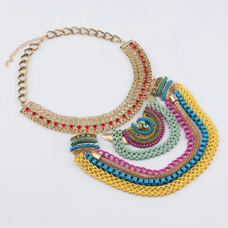 Seblasy Ethnic Bohemian Maxi Tibet Multi Layer Metal Chain Exaggeration Statement Geometric Crystal Choker Necklaces for Women |