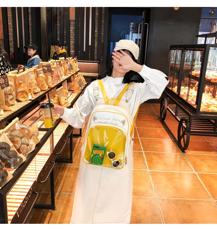 ПВХ прозрачный рюкзак для женщин Harajuku школьные сумки для девочек-подростков мультфильм кошка Ita сумка Ulzzang дамы карамельный цвет рюкзаки