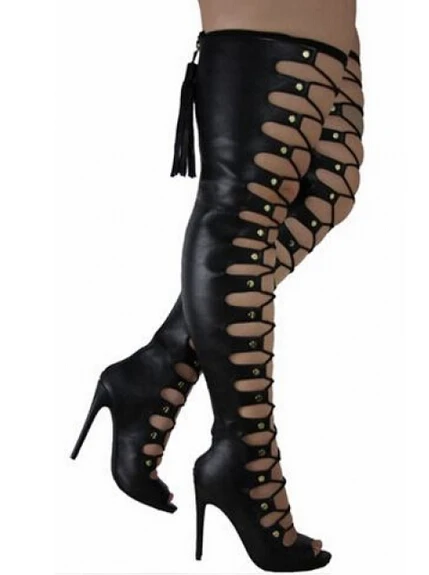 

Black sexy thigh high hollow out high heel women boots elegant fish mouth lace-up nightclub boots strappy shoes woman free shipp