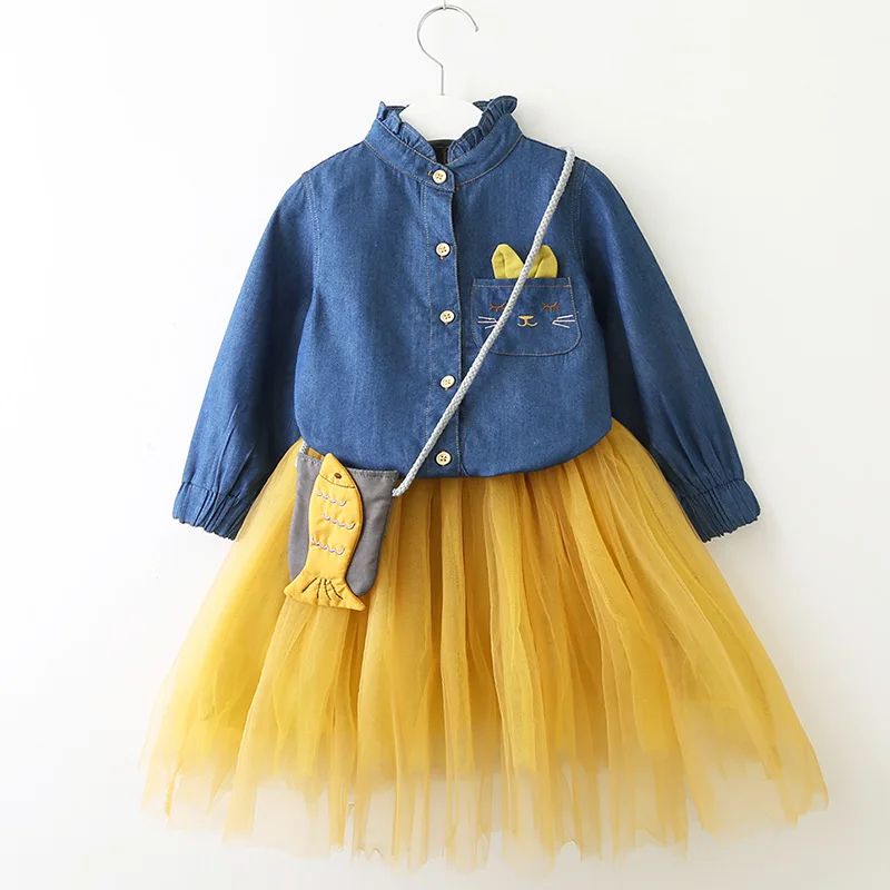 Girls Dress Casual Style Christmas Long Sleeve Denim Cartoon Embroidery Shirt+Mesh 2pc for Clothes | Детская одежда и обувь