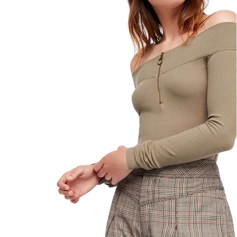 Zipper Off the Shoulder Women Sweater Skinny Elastic Knitted Full Sleeve Pullover Feminino Soft Femme Spring Jumper High Quality | Женская