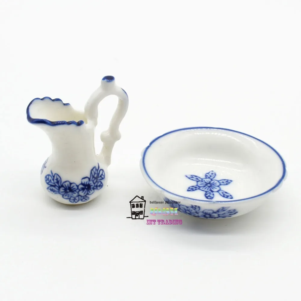 Miniature Dollhouse 1:12 Bathroom Accessories Set blue flower Washstand / Washbasin Kettl Dolls Bath Decoration Gift Kits 3 pcs | Игрушки и