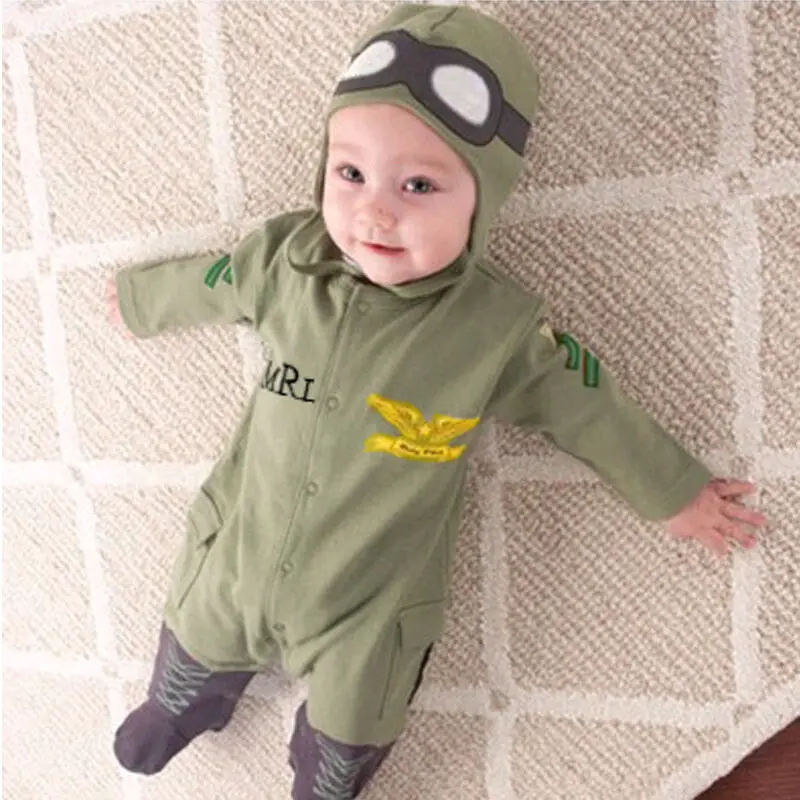 

Airman Baby Rompers + Cap Boys Clothes Newborn Jumpsuits Infant Clothing Overall Bebe Roupas Pilot Costumes Green Outfits Tops
