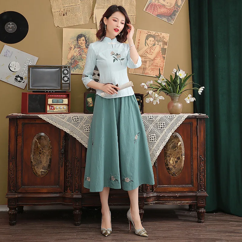 Новая улучшенная версия платья Чонсам китайский hanfu Женский три четверти рукав цветок вышивка Двухсекционный размер S-3XL