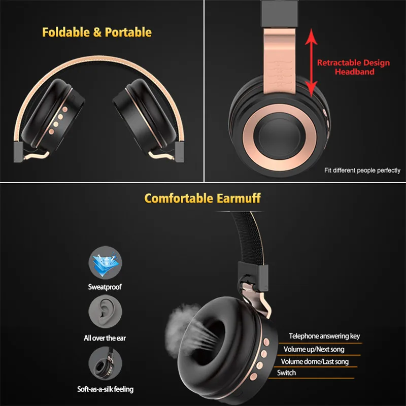 long standby time Handsfree call and built-in Mic Stereo Bluetooth Headphones Wireless &amp Wired Headset Support TF FM Radio |