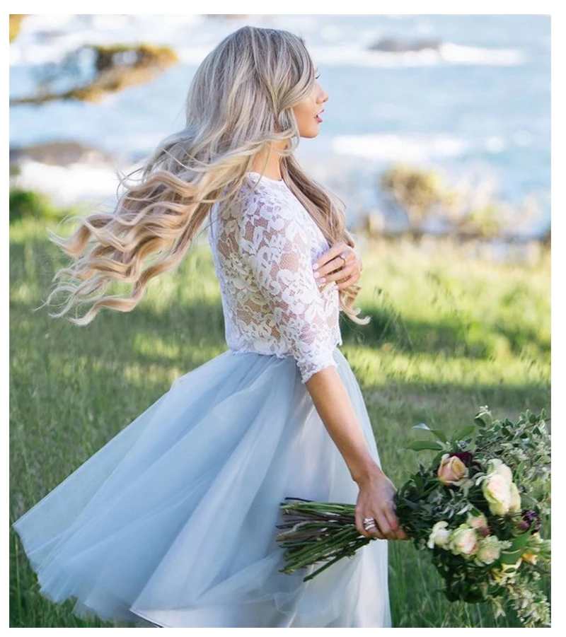 Свадебное платье до колена с коротким рукавом кружевной топ из двух частей для