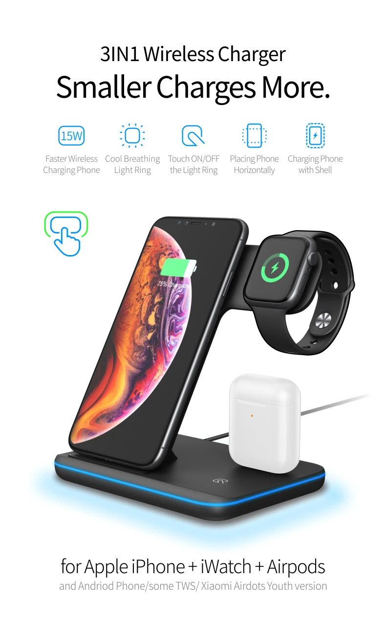 Универсальное 15 Вт Qi Беспроводное зарядное устройство для Iphone X 8 Xiaomi Быстрая зарядка 3,0 Для Apple Airpods Watch 4 3 2 1 Смарт сенсорный светильник держатель