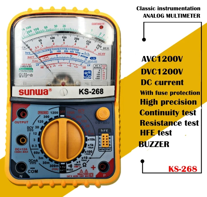 Аналоговый мультиметр SUNWA KS-268L, дизайн, ручной мультиметр. ACA/12A, ACV/DCV: MAX1200V