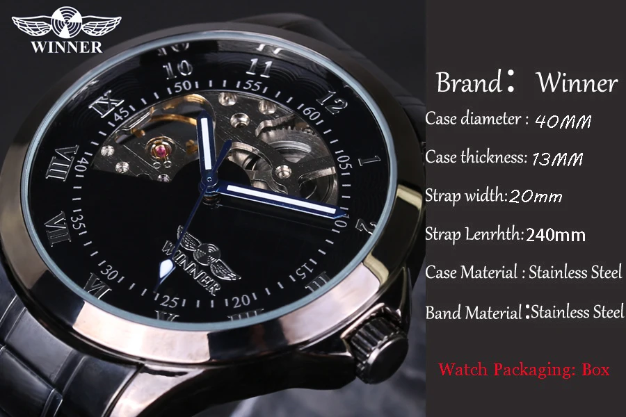 Часы наручные winner Мужские механические Роскошные водонепроницаемые Модные