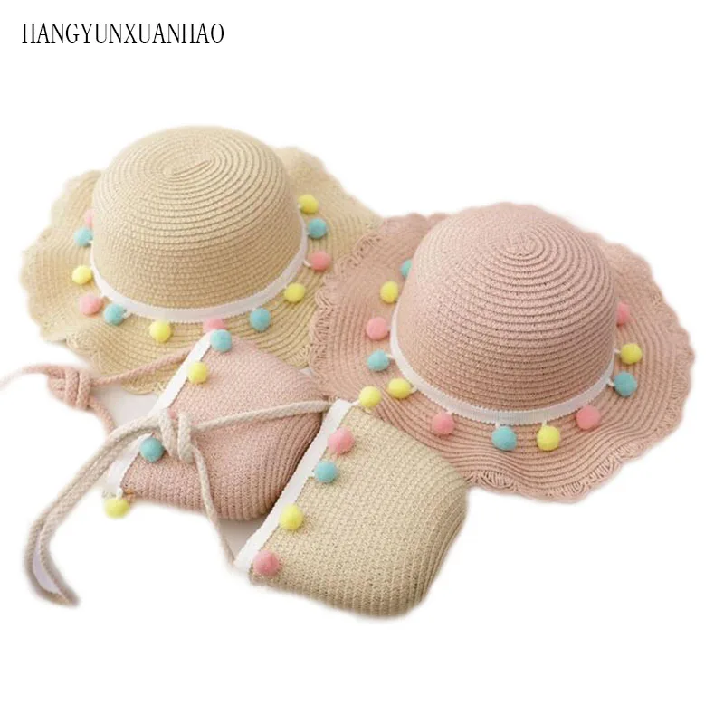

Детская соломенная шляпа с козырьком, пляжный комплект из двух предметов, шляпа от солнца с цветами, летняя, 2019
