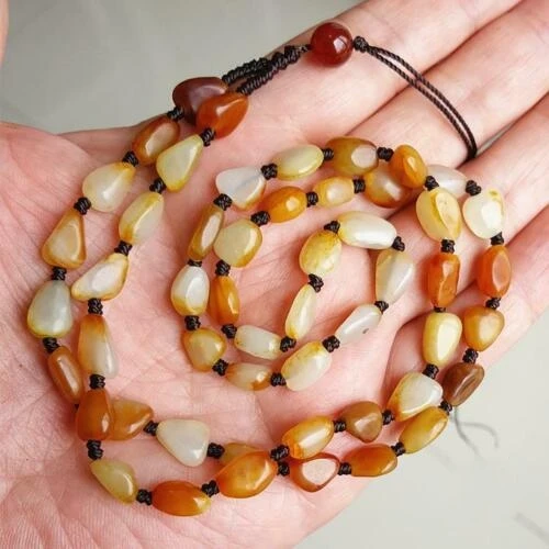 

Natural Real Treasure Chinese Hetian Jade Pebble Raw Bead Hand Knitted Necklace
