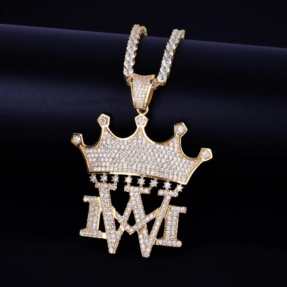Корона с MW ожерелья и кулоны с теннисной цепочкой Золото Серебро Цвет Bling кубический циркон мужские хип хоп ювелирные изделия