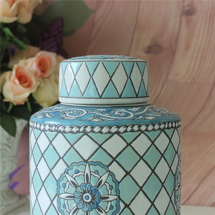 European Style Ornaments Simple Wind Carving Patterns Blue And White Ceramic Storage jar Decorative Jars Household ceramic | Дом и сад