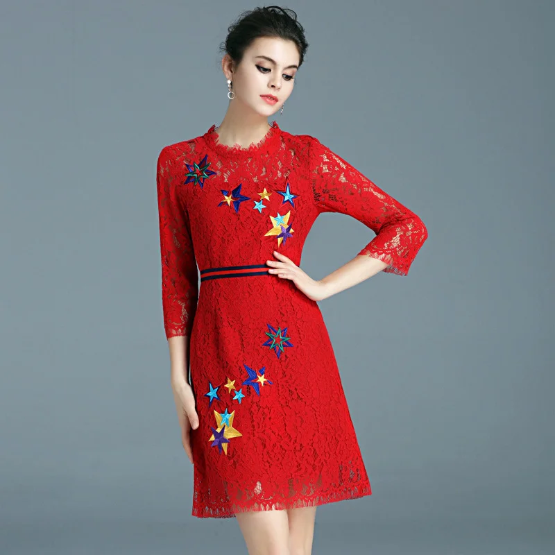 2017 г. Новейшая Весенняя Для женщин Кружево платье звезды Вышивка выдалбливают