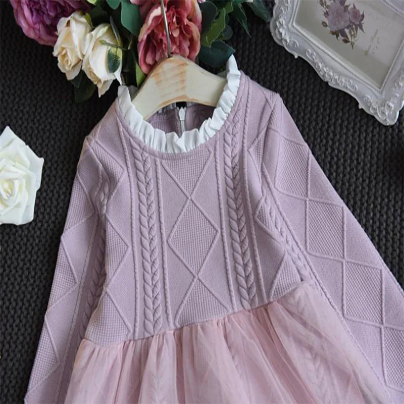 2018 Autumn Girls Dress Children's Solid Color Mesh Stitching Long-Sleeved A-Line Casual | Детская одежда и обувь