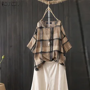 Zanzea, женские блузы, рубашки, повседневные свободные Туники Топы, винтажная блуза с коротким рукавом и круглым вырезом, лето 2020, Chemiser Mujer, плюс размер 5XL