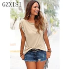 Женская футболка с коротким рукавом, круглым вырезом и кисточками