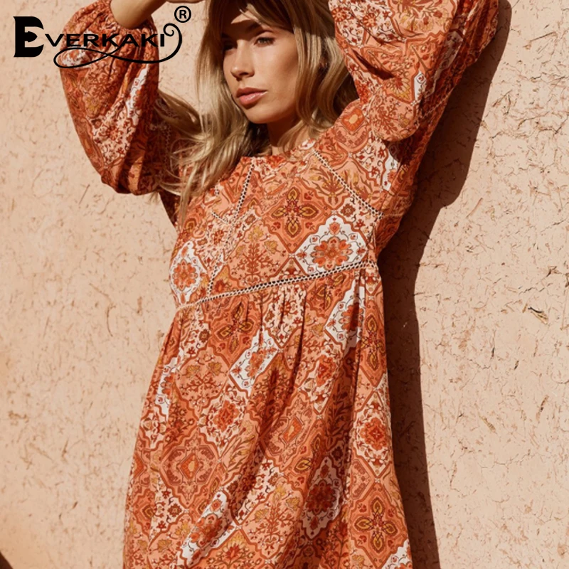 Everkaki Gypsy/мини платье с принтом для женщин длинным рукавом в стиле пэчворк круглым