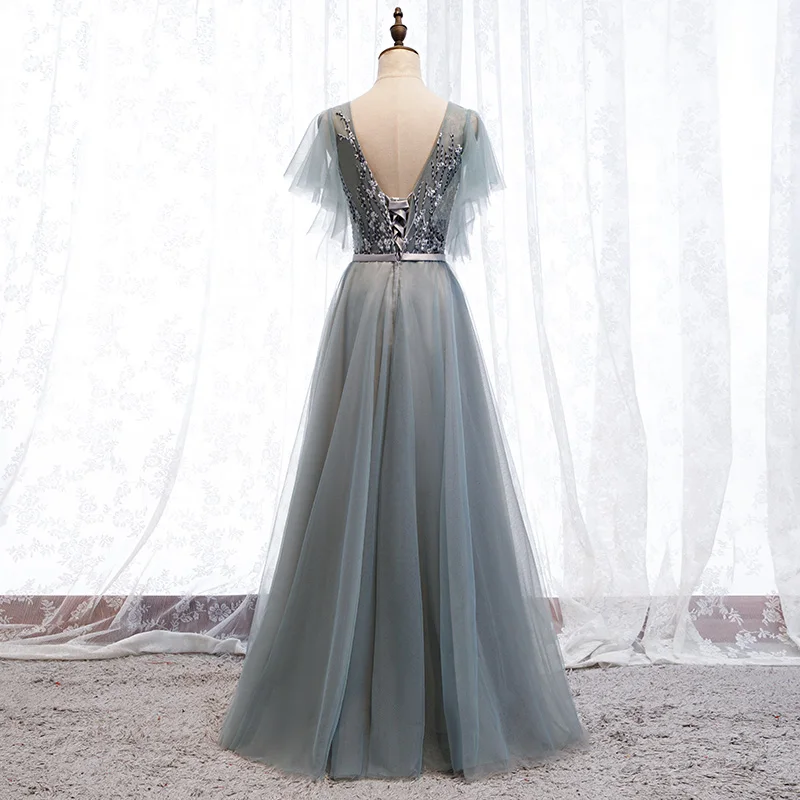 SSYFashion, v-образный вырез, длина до пола, кружевные аппликации, серое элегантное вечернее платье, банкетные праздничные наряды для женщин, Vestidos De Noche