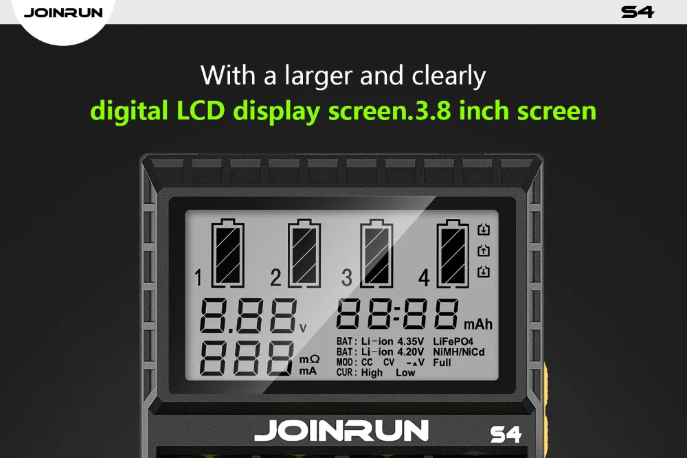 JOINRUN S4 умное литий-ионное зарядное устройство с ЖК-экраном интеллектуальное 18650 Зарядное устройство 14500 16340 26650 AAA AA