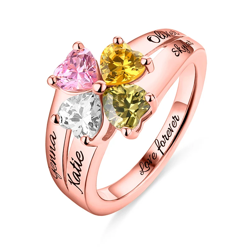 Wholesale MOM Jewelry Mother's Love and Lucky 4 Birthstones Ring In Rose Gold Color Name&ampBirthstone Rings For Her Christmas Gift |