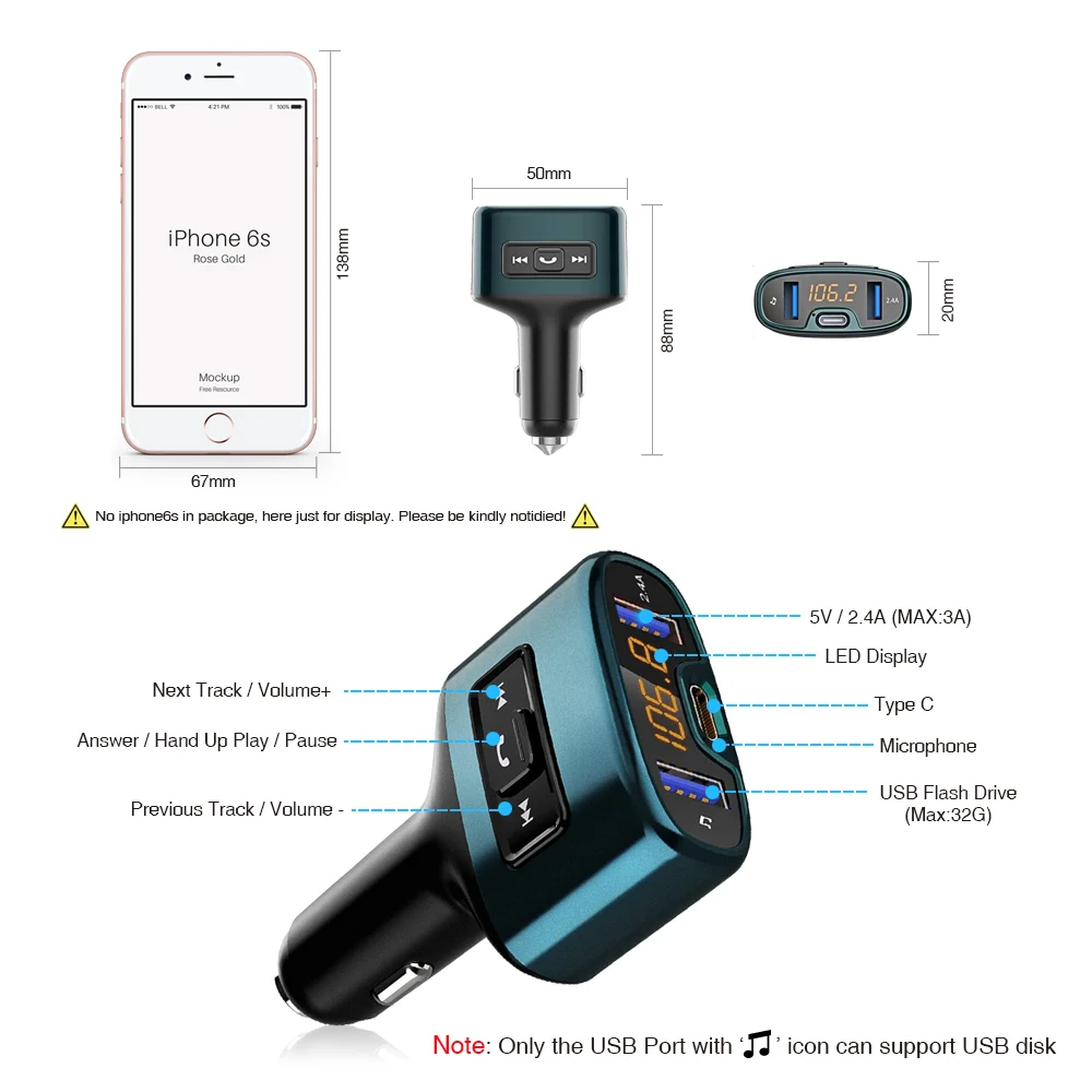 C52S автомобильный беспроводной комплект громкой связи Bluetooth fm-передатчик Автомобильный MP3-плеер тип-c PD 18 Вт Быстрая зарядка Аудио двойной USB Автомобильное зарядное устройство