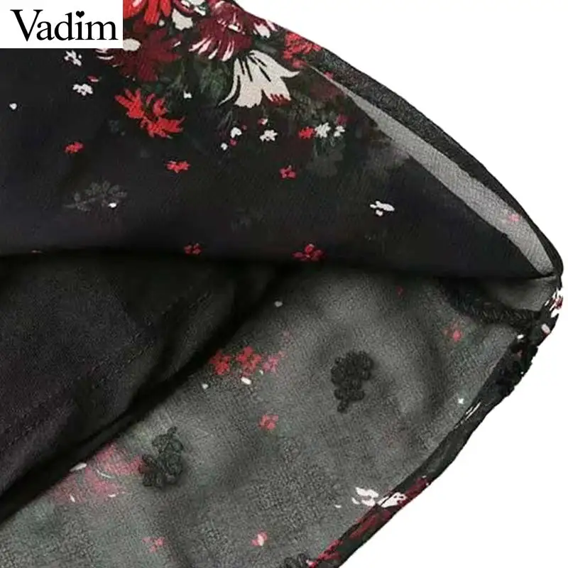 Vadim women vintage floral chiffon dress lace patchwork o neck long sleeve retro ladies casual brand chic mini dresses QZ3480 | Женская