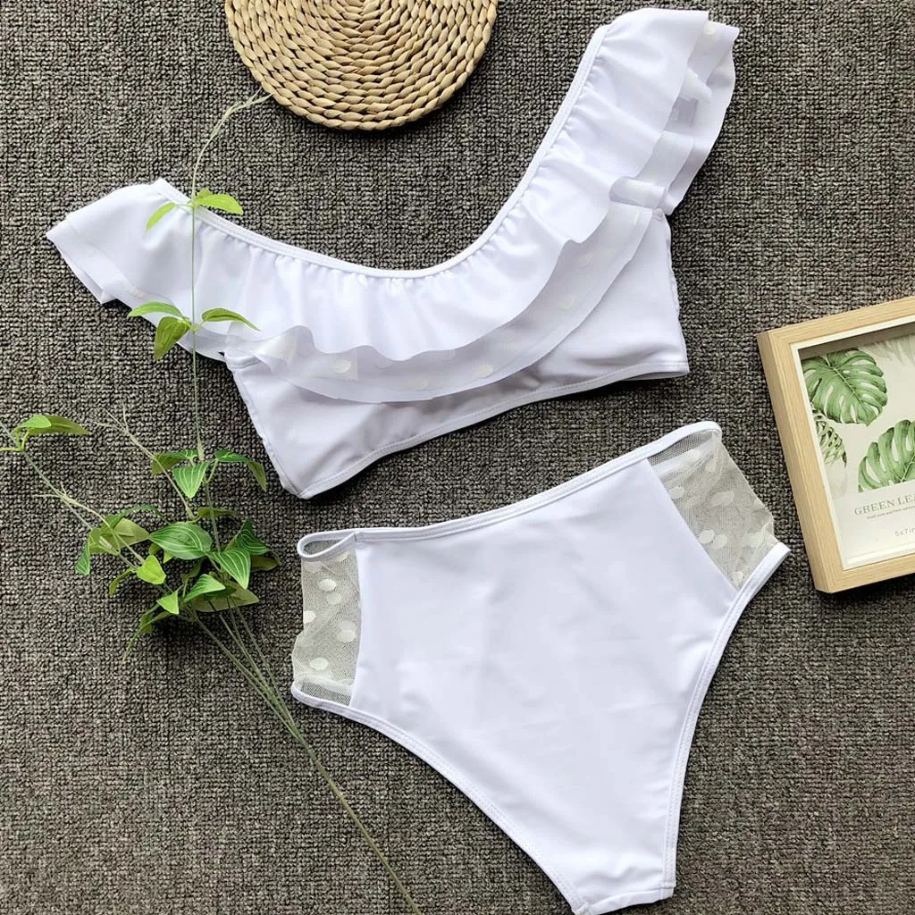 Комплект бикини с оборками на подоле Женский однотонный купальник из двух