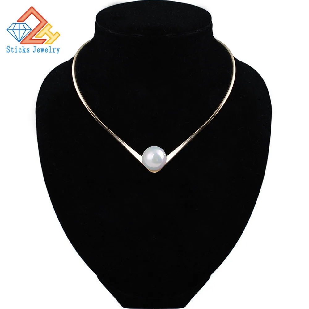 New Fashion Jewelry Simple V Design Torques Choker Necklace for Women Girl Big Pearl Wedding | Украшения и аксессуары