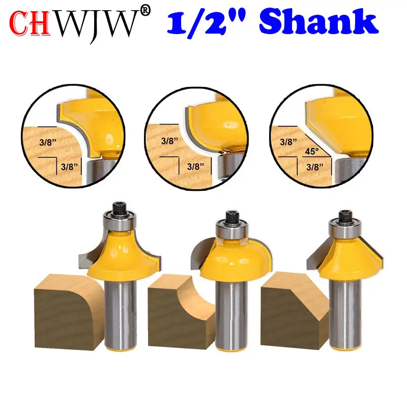 

3Pc Edging Router Bit Set - Medium Roundover Cove & Chamfer 1/2" Shank Woodworking cutter