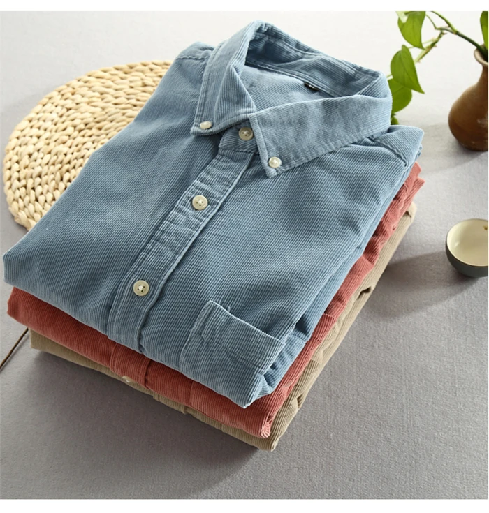 

Men Spring And Autumn Fashion Brand Japan Style Vintage Slim Fit Corduroy Shirt Male Casual Blue Red Solid Color Shirt Cloth