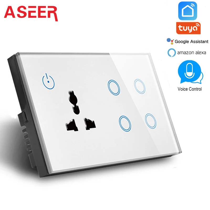 

ASEER NEW ARRIVAL UK WIFI Socket with 4 Gang WIFI Switch 600W,WIFI Intelligent Wall Socket 16A,compatible alexa,google assistant