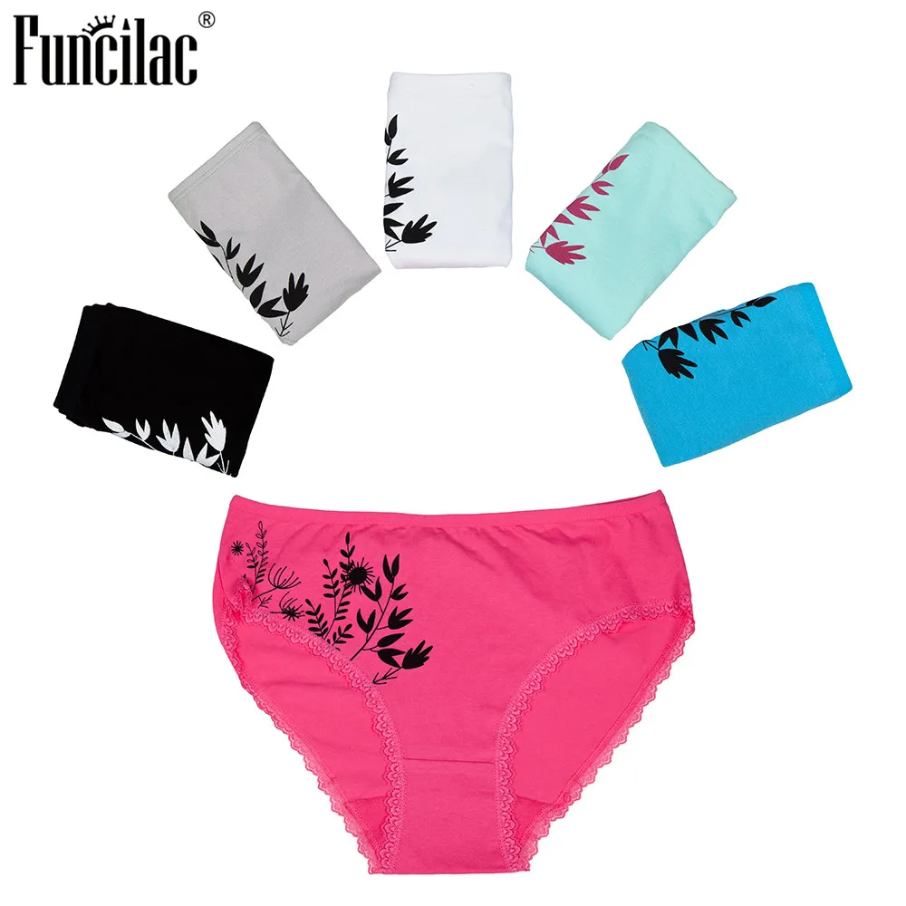 

FUNCILAC Plus Size Woman Underwear Lace Sexy Underpants Girls Print Cotton Briefs For Women Mid-Rise Intimates Panties 5Pcs/Lot