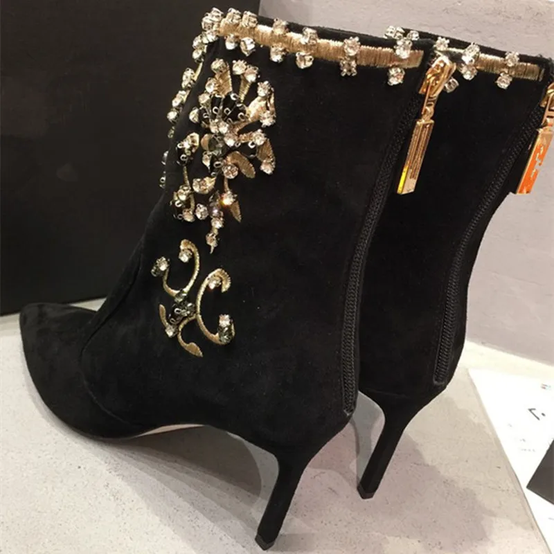 2017 Весна Осень Обувь Женщина Кожа Вышивать Кристалл Сапоги Обратно Почтовый