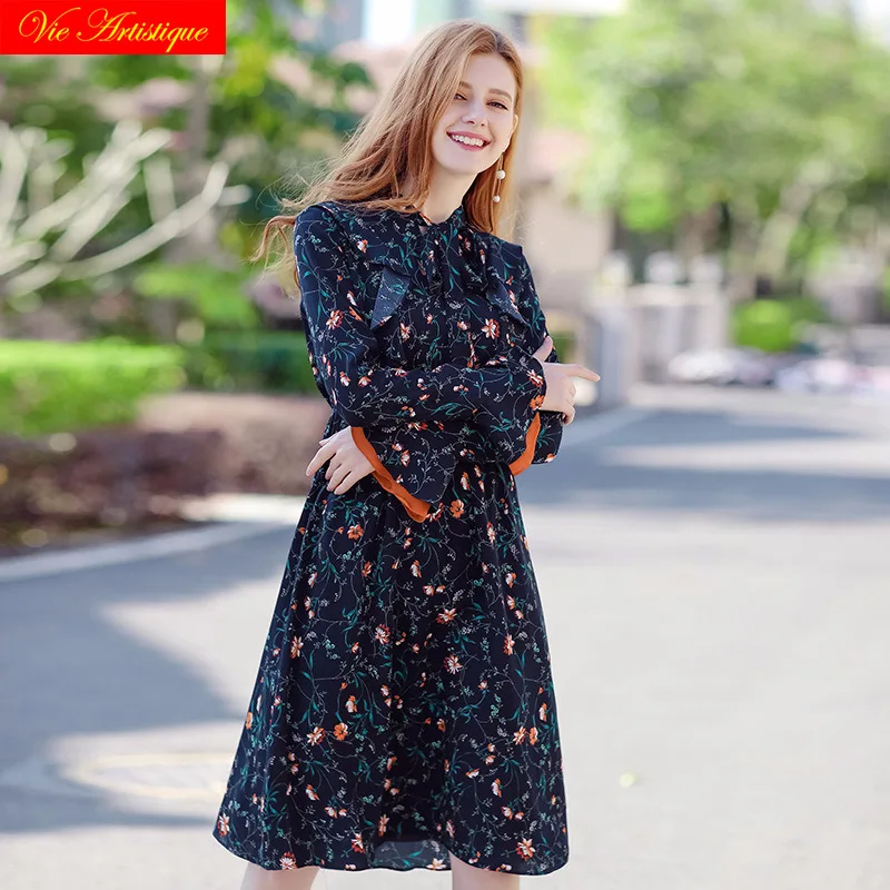 2018 summer dress women's party casual work dresses elastic waist navy blue printed flower large plus size maxi long beach | Женская