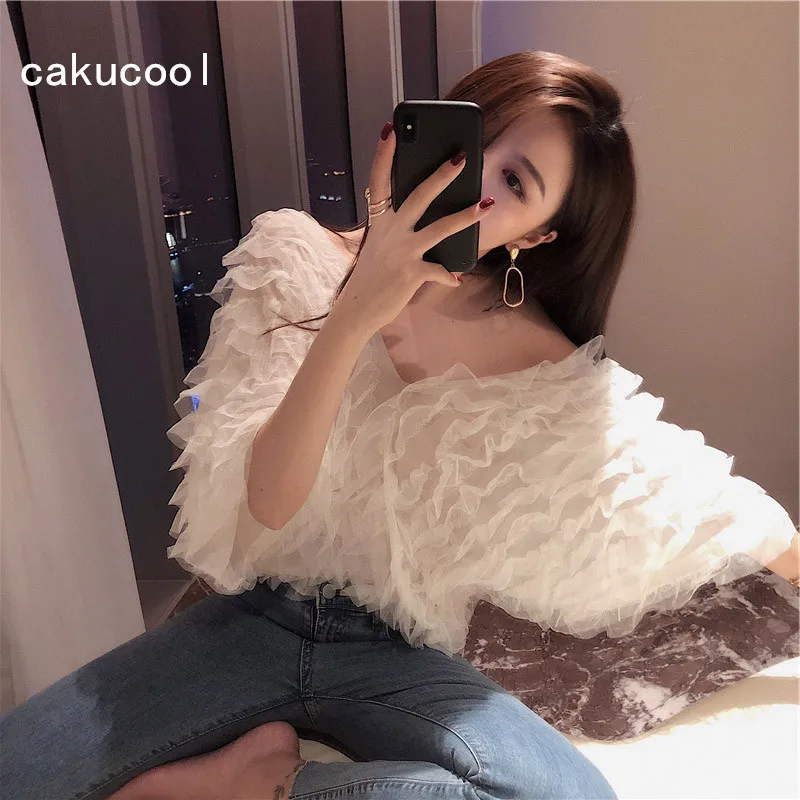 Cakucool новая белая блузка Женская Сексуальная Большая с v образным вырезом