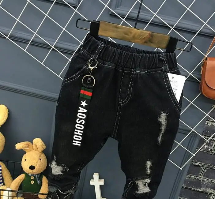 jeans Осень г. Новинка; Одежда для мальчиков Длинные рукава хлопок печатных письменная рубашка или Эффектные джинсы с дырками детская повседневная одежда детская для мальчиков зимняя, цвет черный, брюки 17S907 - Цвет: jeans
