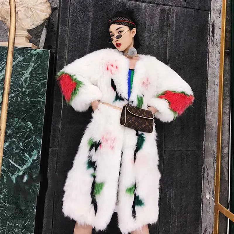 Многоцветный Fang Tai Fur Weave женское импортное пальто из лисьего меха с круглым вырезом, приталенное пальто из лисьего меха с цветочным принтом, натуральное X-Long пальто из лисьего меха - Цвет: Многоцветный