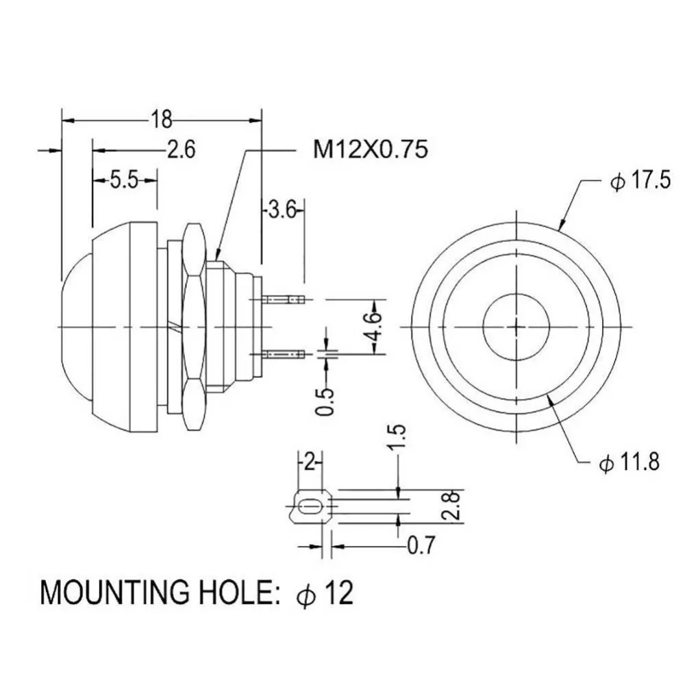 Черный/красный/зеленый/желтый/синий 12 мм водонепроницаемый Мгновенный кнопочный