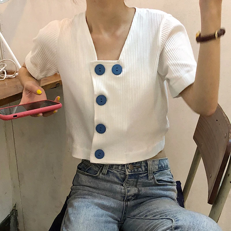 button v-neck solid color short sleeve casual crop tops summer new fashion brand Korean style t-shirts Women Clothing modis tees | Женская