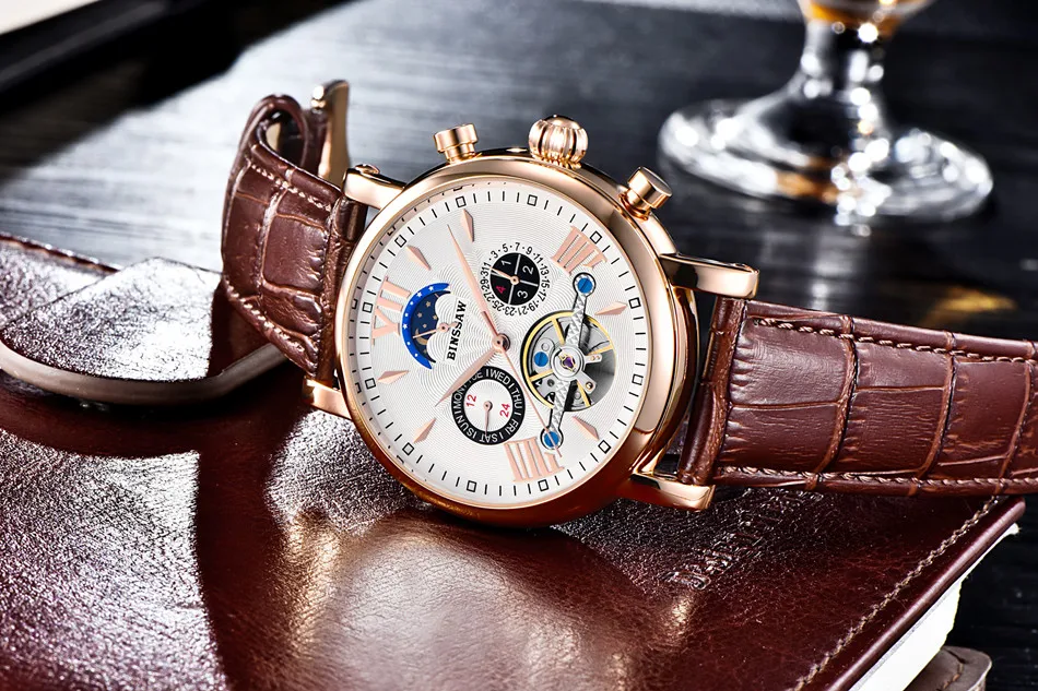 BINSSAW новые автоматические механические турбийон часы для мужчин Moon Phase спортивные часы из нержавеющей стали мужские s Relogio Masculino